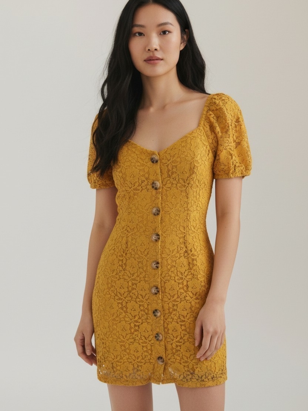 Abercrombie & Fitch XS Mustard Yellow Lace Button Front Puff Sleeve Mini Dress